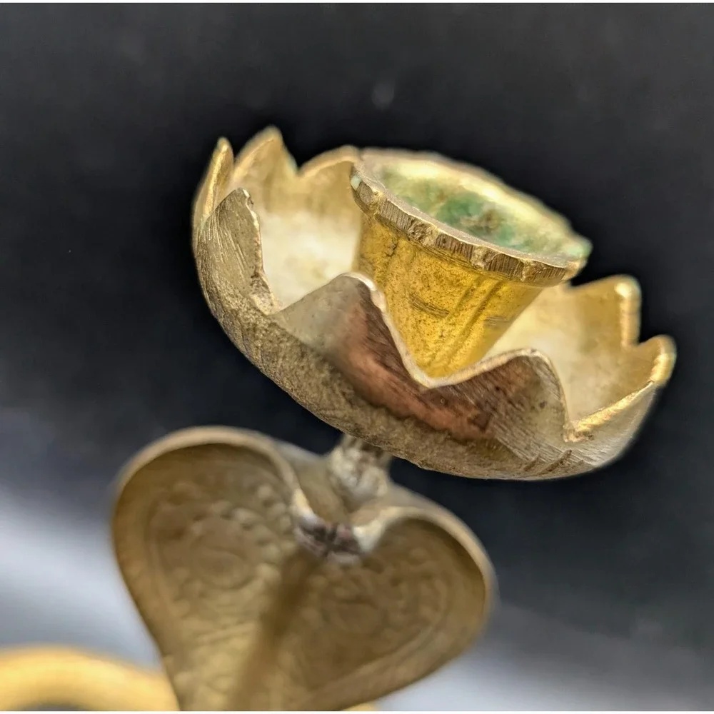 Vintage Brass Cobra Snake Candlestick Holder Lotus Flower King‎ Cobra India 8in